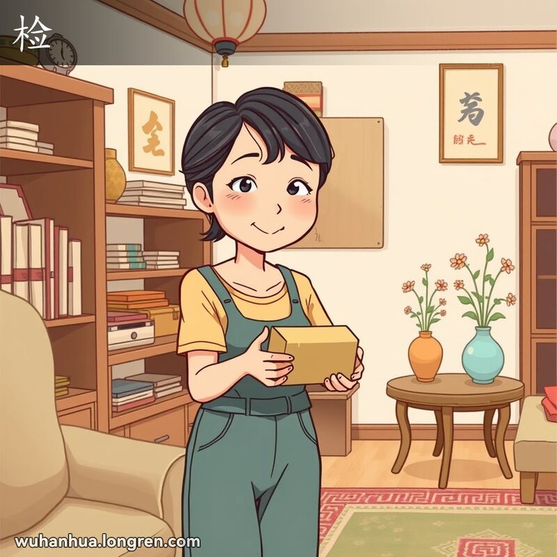 一位中年妇女在整洁的客厅里整理物品，背景是传统中式家具和装饰