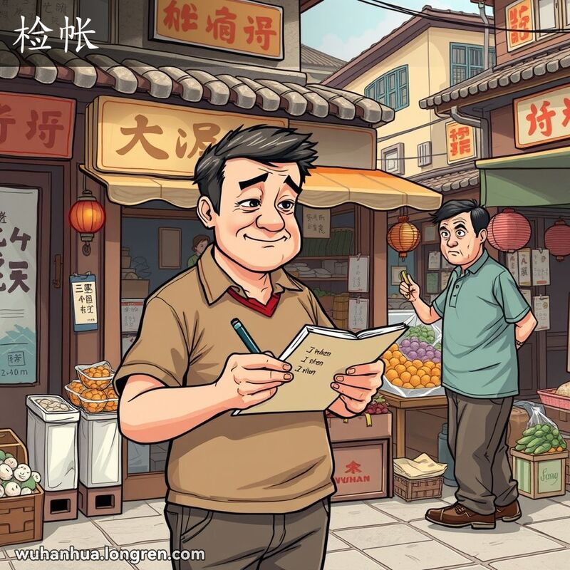 一位中年男子在武汉街市小店前认真核对账目，背景有街头小贩和老式建筑