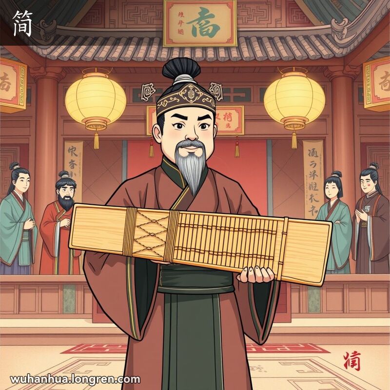 古代中国朝廷场景，官员手持竹简‘简’站在皇帝宝座前，背景有其他朝臣和传统装饰。
