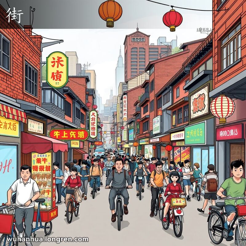 一条繁忙的武汉街道，街道两旁是传统建筑和现代商店，行人、自行车和汽车来往不息，街边有小贩售卖热干面和鸭脖等当地小吃，背景是红砖墙、霓虹灯和挂灯笼。