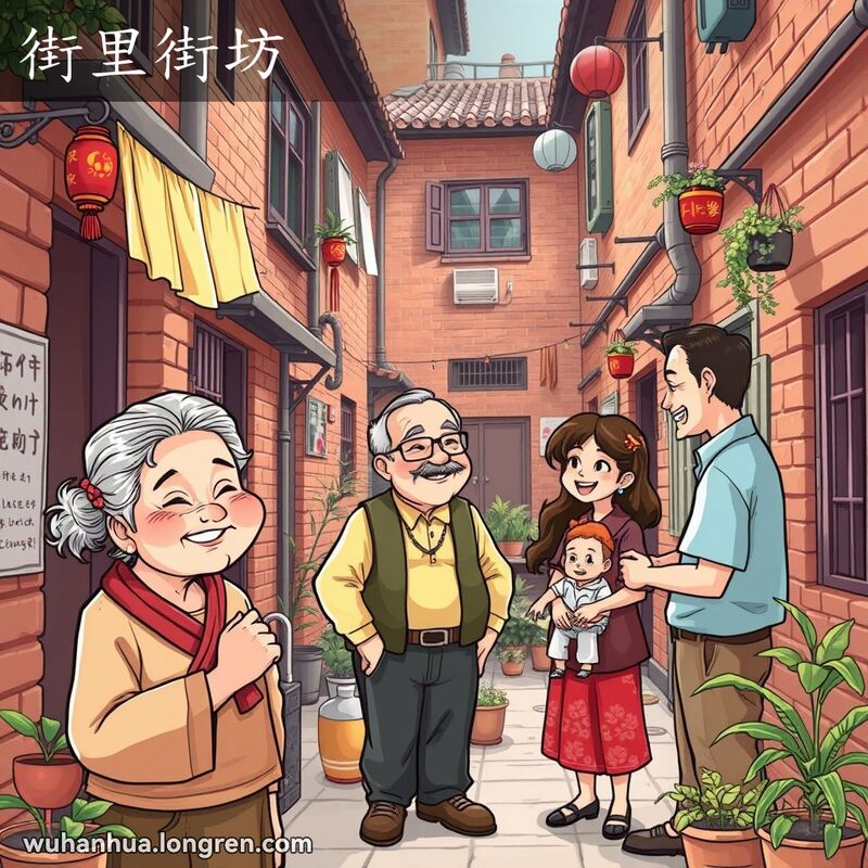 武汉老街坊中，邻居们在小院子里聚集，有说有笑，背景是红砖墙和盆栽植物