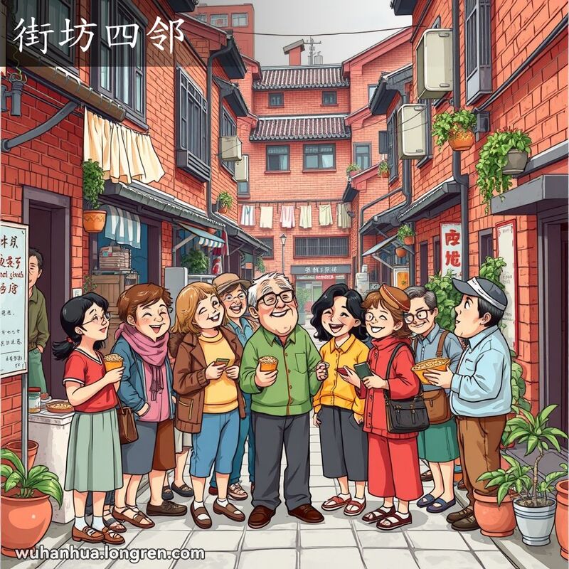 武汉老街区，街坊四邻在一起聊天、欢笑，手里拿着热干面或豆皮，背景有红砖房和狭窄的巷子。