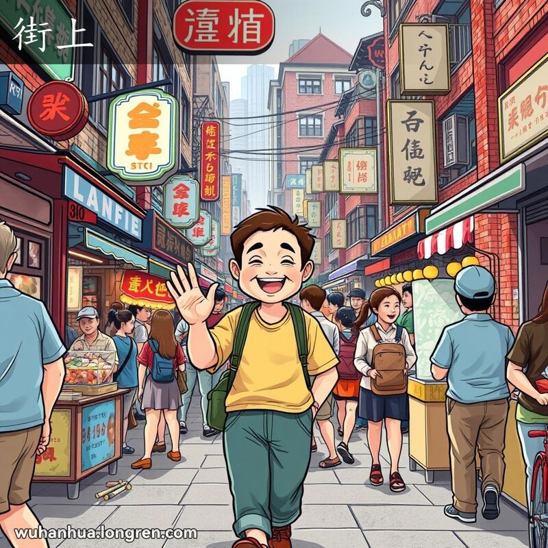 武汉街头，市民在繁忙的街道上行走，微笑着向熟人打招呼，背景有传统商店和老建筑