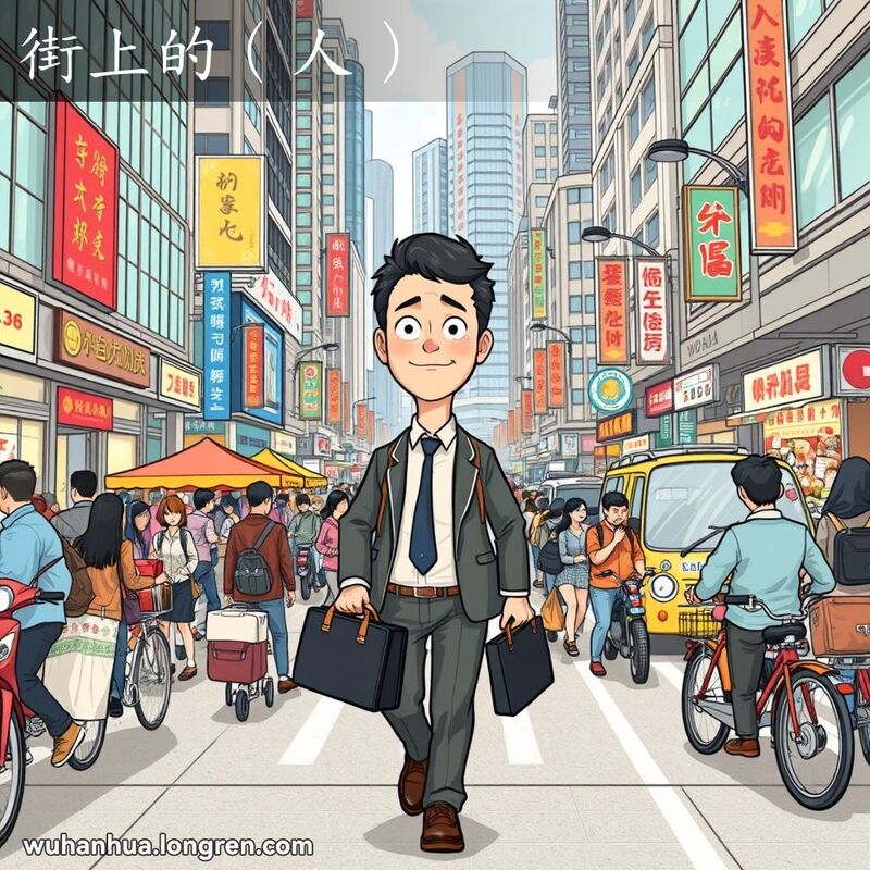 一位穿着得体的城市居民在武汉繁忙的街道上自信地行走，手持公文包，背景是现代建筑和繁忙的交通
