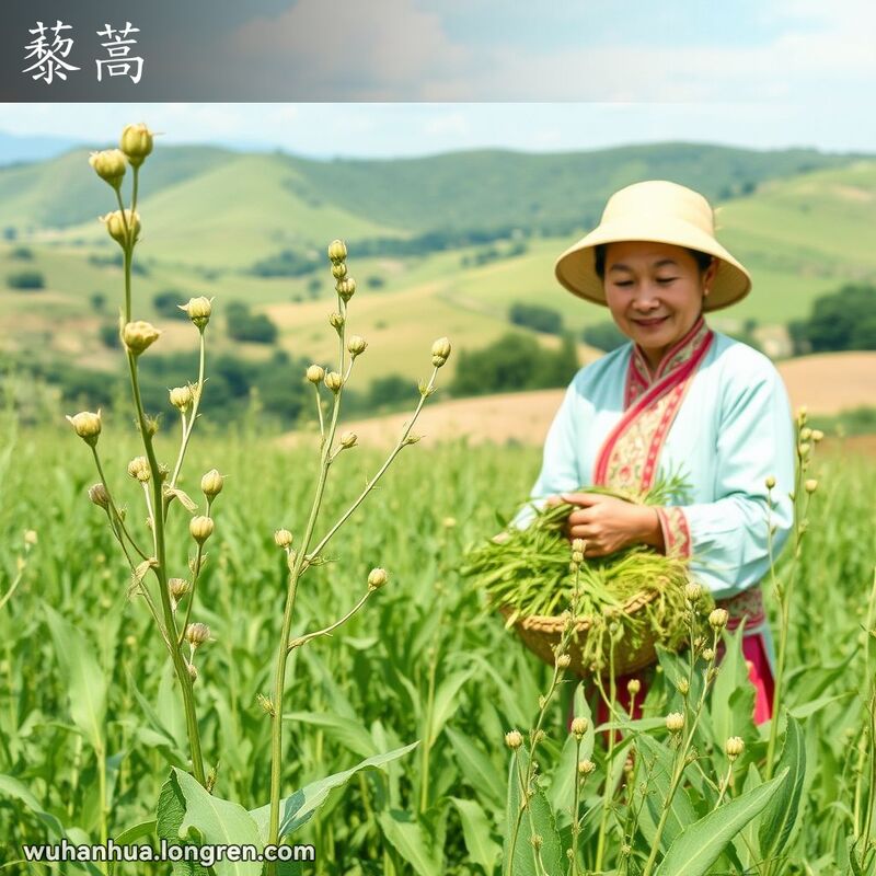 一位武汉妇女在田野中采摘藜蒿，背景是宁静的乡村风光