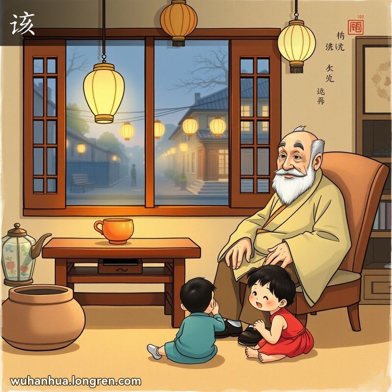 一位老人在温馨的客厅里，若有所思地看着玩耍的孙子，背景是宁静的武汉街道黄昏景象
