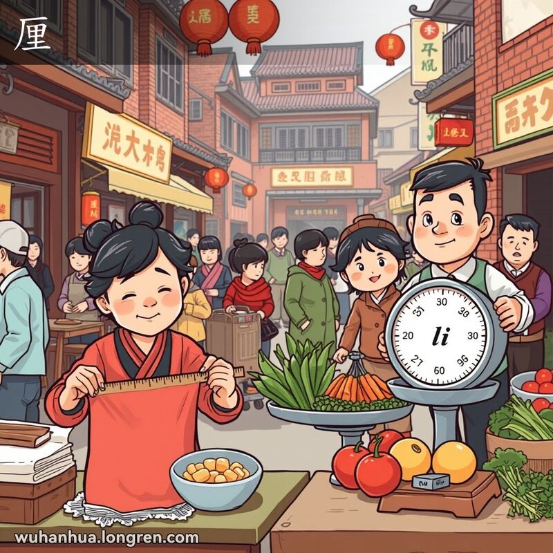 武汉市场场景，商贩用尺子量布料和用秤称蔬菜，尺子和秤上标有“厘”这个单位。