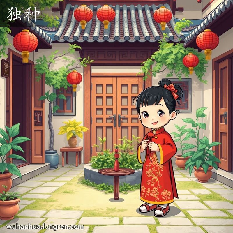 一个穿着传统服饰的小女孩在武汉庭院中独自玩耍，背景有木门、红灯笼和植被