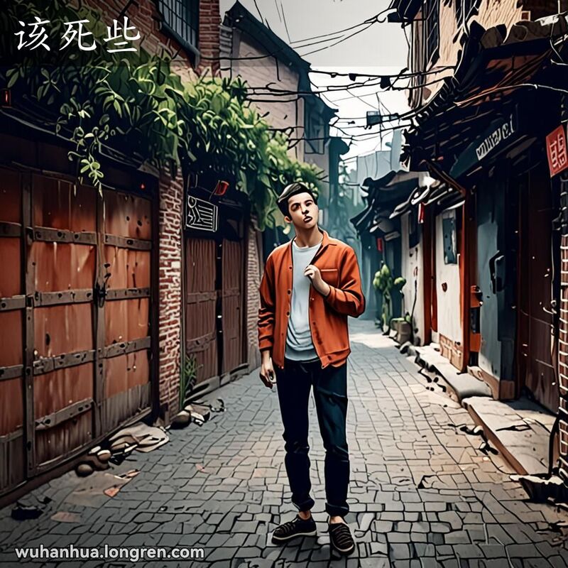 一位年轻男子站在武汉老街巷子里，挠着头，露出困惑和恼怒的表情，背景有旧砖墙和晾晒的衣物
