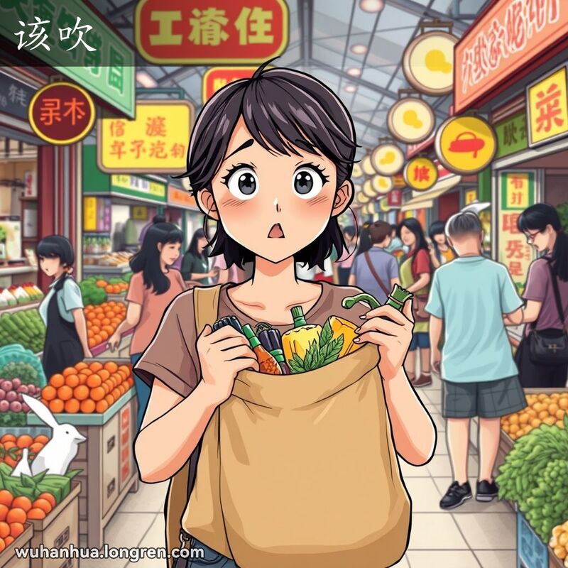 一位年轻的武汉女子在市场中提着满满的购物袋，露出惊讶的表情，背景是繁忙的市场场景