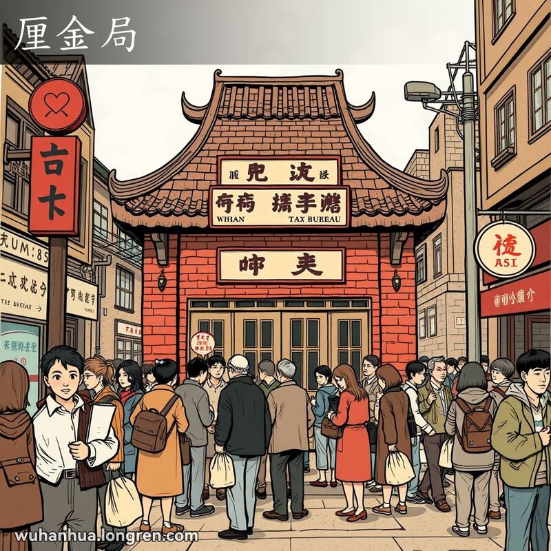 武汉老街上的古老建筑，门口挂着“Tax Bureau”的英文招牌，人们排队等待缴税，背景是繁忙的街景。