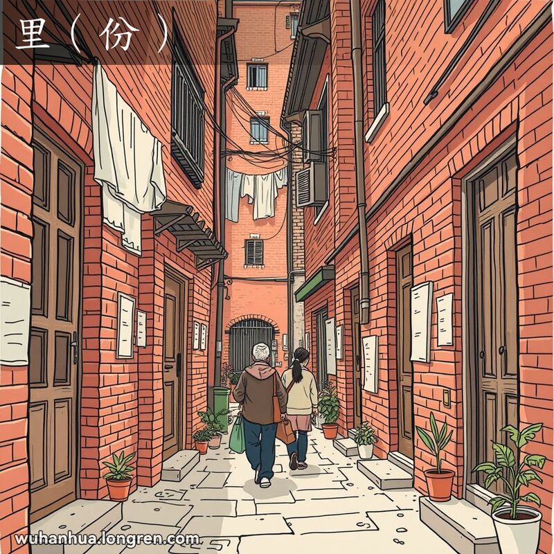 武汉老城区的一条狭窄巷子，两旁是红砖墙和老木门，居民在巷子里走动，晾晒衣物和小盆栽