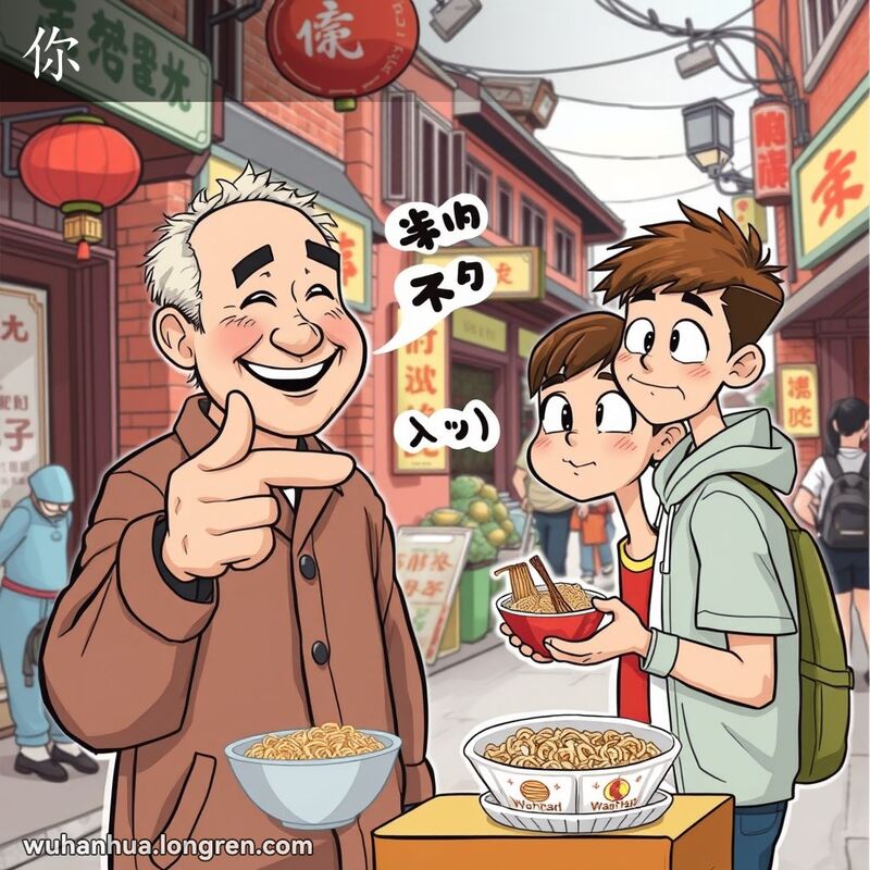 武汉街头小贩指着年轻顾客，顾客手持热干面，脸上带着好奇和幽默的表情，背景是武汉老街景
