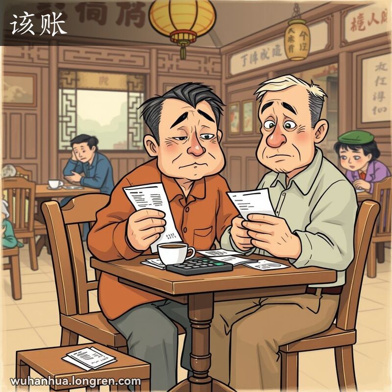一位中年武汉男子在茶馆里手持账单，脸上露出忧虑的表情，桌上散落着更多账单和计算器。