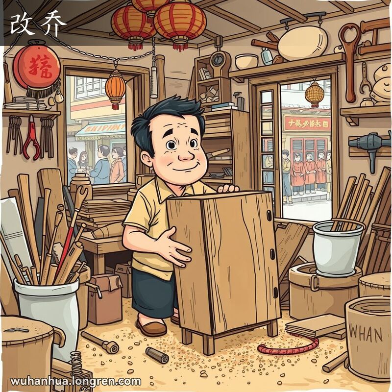 一位武汉工匠在作坊里将旧木箱改造成新柜子，背景是传统中国装饰和忙碌的街道。