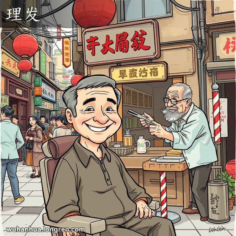 一位中年男子在武汉老街的传统理发店里理发，理发师正在细心地修剪头发，背景有行人和老建筑。
