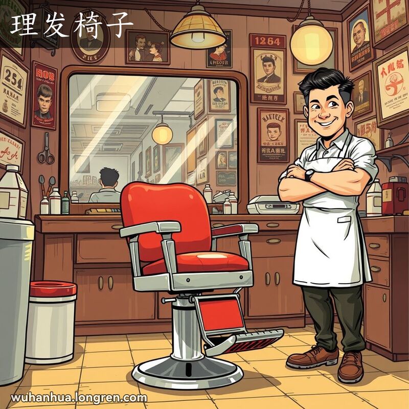 一家老式理发店，中央是一张经典的理发椅，理发师站在旁边准备为顾客服务，背景有大镜子和老式工具。