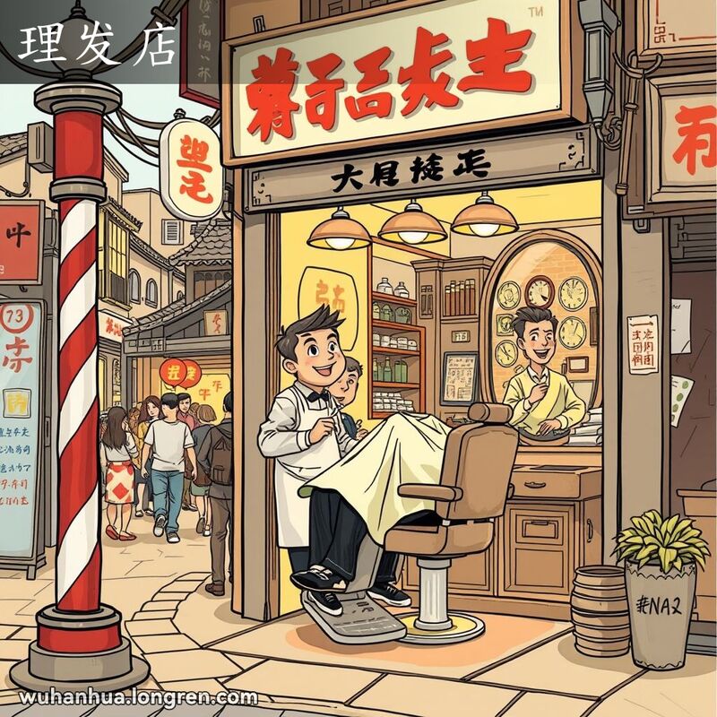 武汉老街上一家传统理发店，理发师正在为顾客剪发，背景是热闹的街景