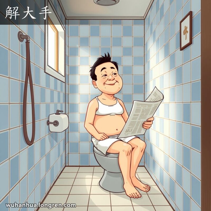 一位中年男子在老式厕所里，坐在蹲坑上，手拿报纸，脸上露出轻松愉快的表情，体现“解大手”的意思。