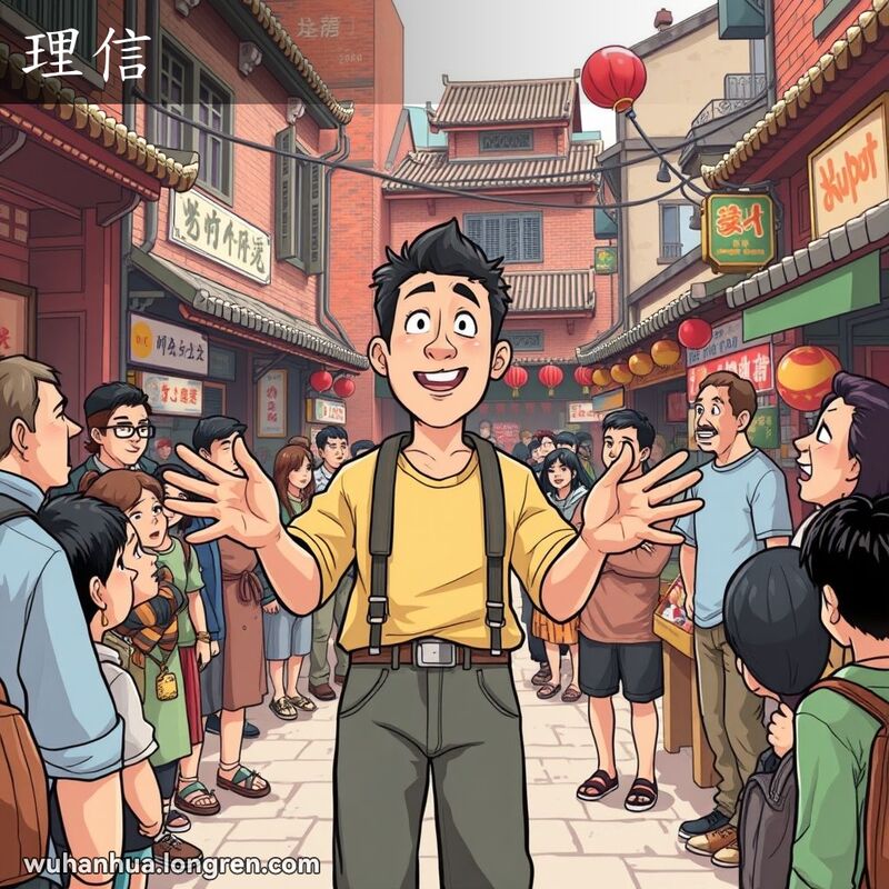 一位武汉男子在街头热情地解释某件事情，周围人们或点头赞同，或露出好奇和思考的神情，背景是武汉老街景