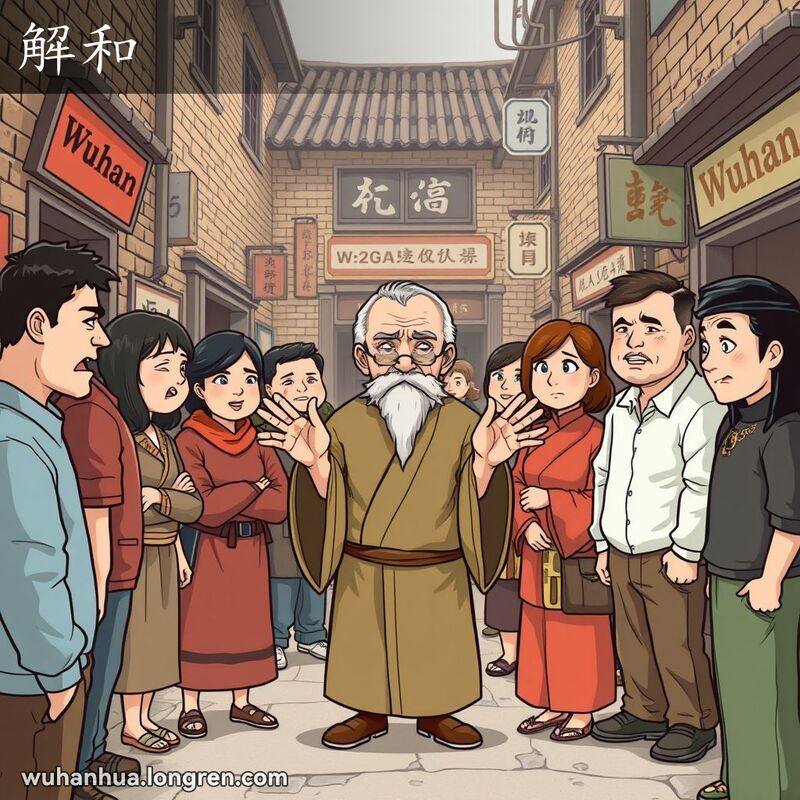 两群人在武汉老街上争执，一位长者站在中间调解，背景是红砖墙和旧式招牌。
