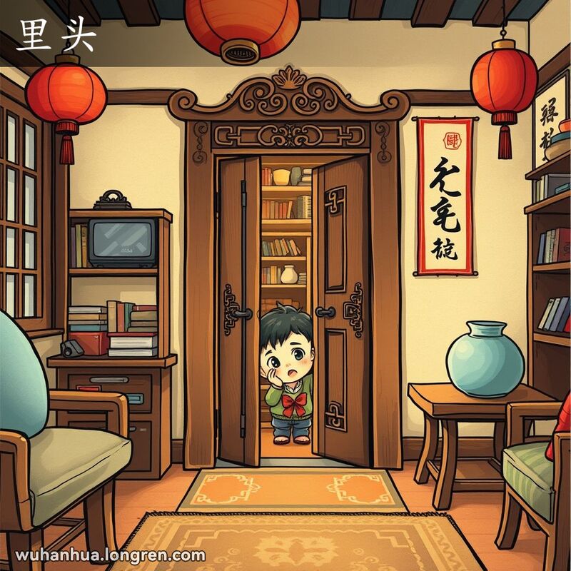 一个好奇的孩子在武汉传统家庭中通过微开的木门向里张望，背景有红灯笼和书法挂轴。