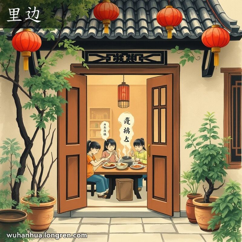 一个传统的武汉小院，院门微微敞开，透过门缝可以看到里面的家庭聚餐场景，背景是绿意盎然的院子和红灯笼。