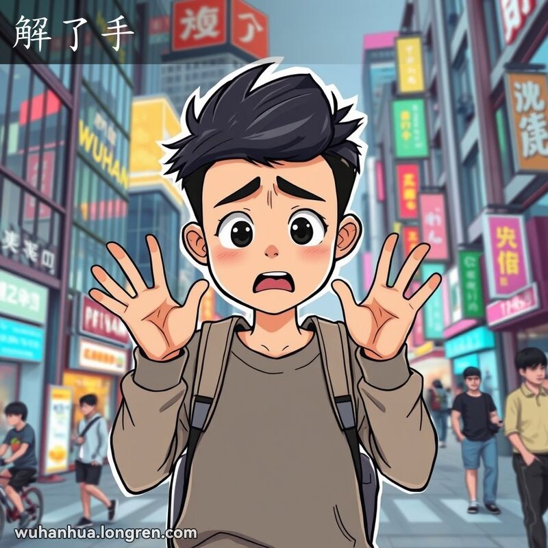 一位年轻的武汉市民站在繁忙的城市街头，面露震惊和失望的表情，双手举起，背景是现代化的建筑和霓虹灯