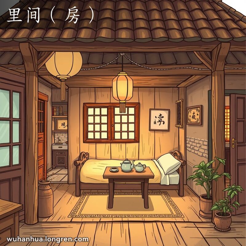 传统武汉老房子内的里间，摆放着木床、小木桌和茶具，窗外可见另一间相连的房间