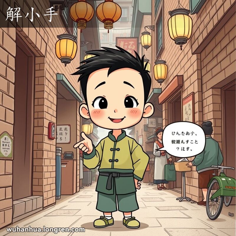 一位穿着传统服饰的小男孩在武汉小巷中，指向一个隐蔽的角落，暗示他正准备“解小手”。