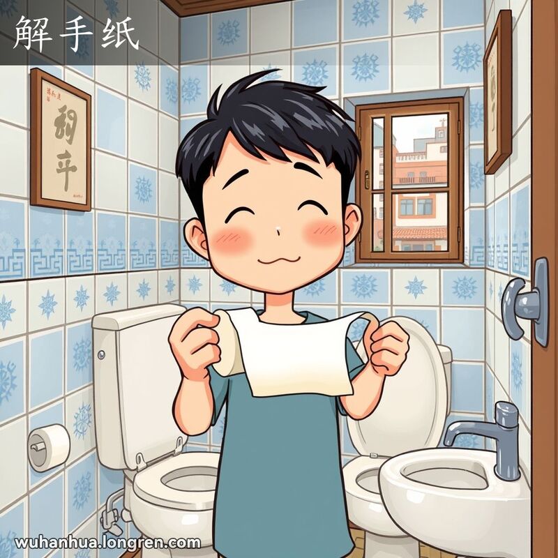 一位武汉市民在卫生间内手持“解手纸”，背景是武汉老街景