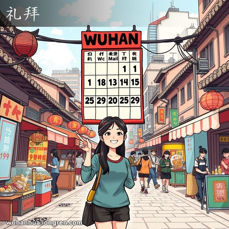 一位年轻女子站在武汉街头挂历前，指向挂历上的星期几，背景是热闹的市场和混合建筑风格的街景