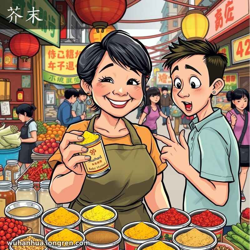 武汉街头市场，摊贩展示芥末粉，顾客闻芥末露出惊讶表情，背景是热闹的市场摊位和顾客