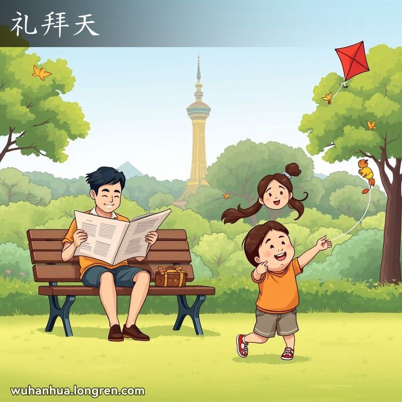 一家三口在武汉公园度过礼拜天，父亲读报，母亲陪孩子玩耍，背景是黄鹤楼和绿树蓝天