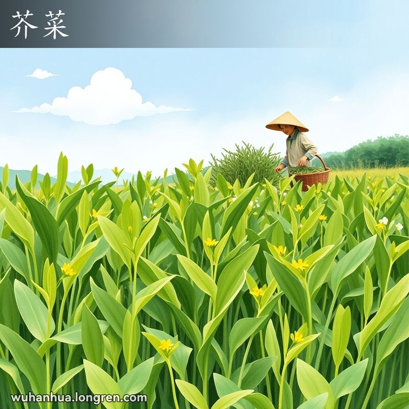 一片绿色田野中，芥菜茂盛生长，农民在田间劳作，背景是晴朗的天空。