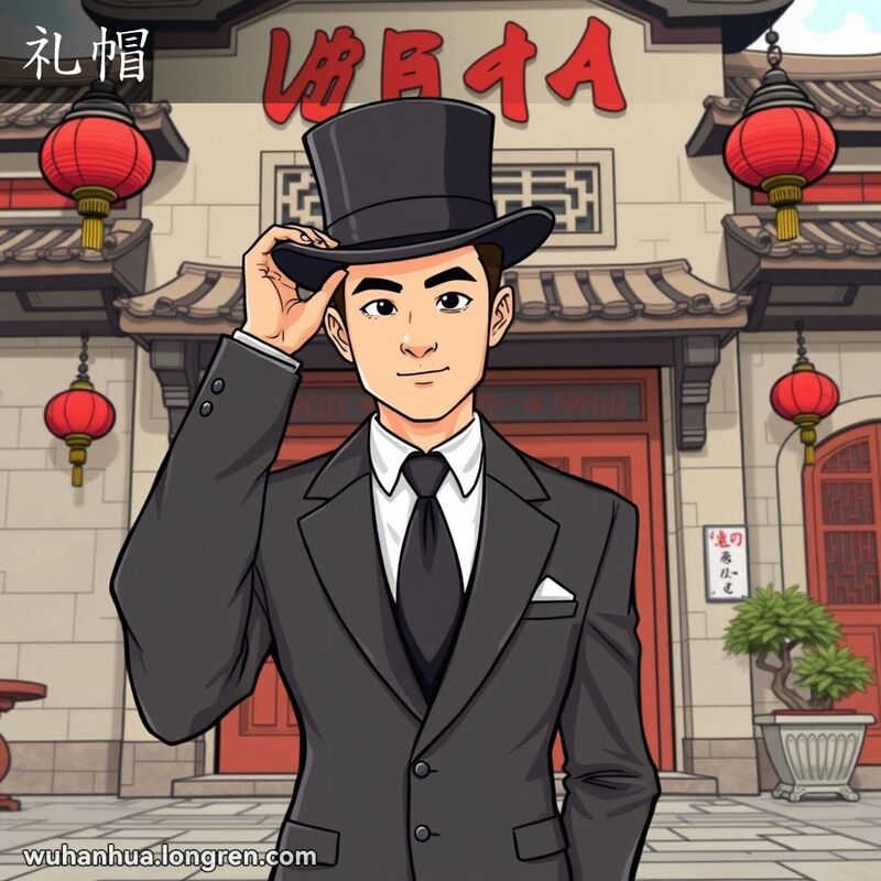 一位穿着正式西装的男士站在武汉老建筑前，头戴礼帽，背景有红灯笼和木门