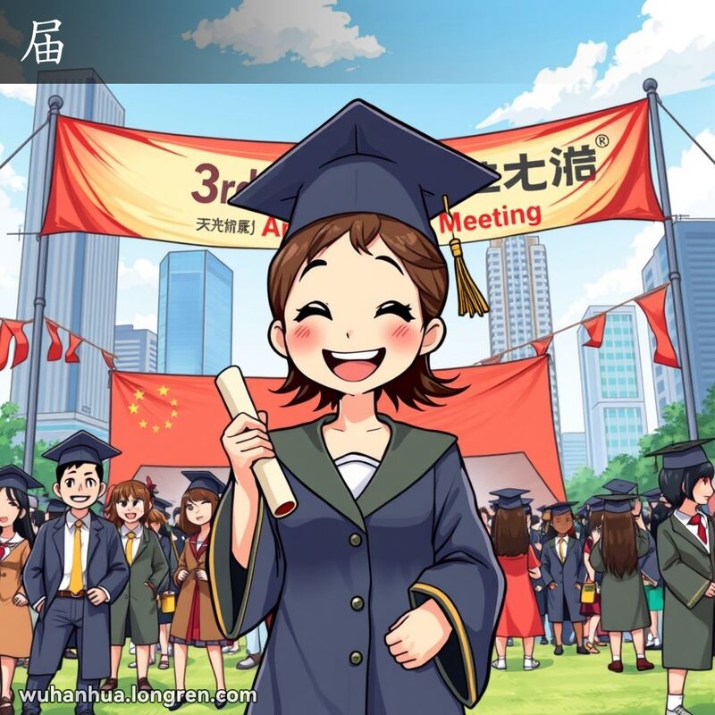武汉毕业典礼，背景是“第三届年会”横幅，主角是手持毕业证书的年轻女性，周围是庆祝的人群，背景是现代城市景观。