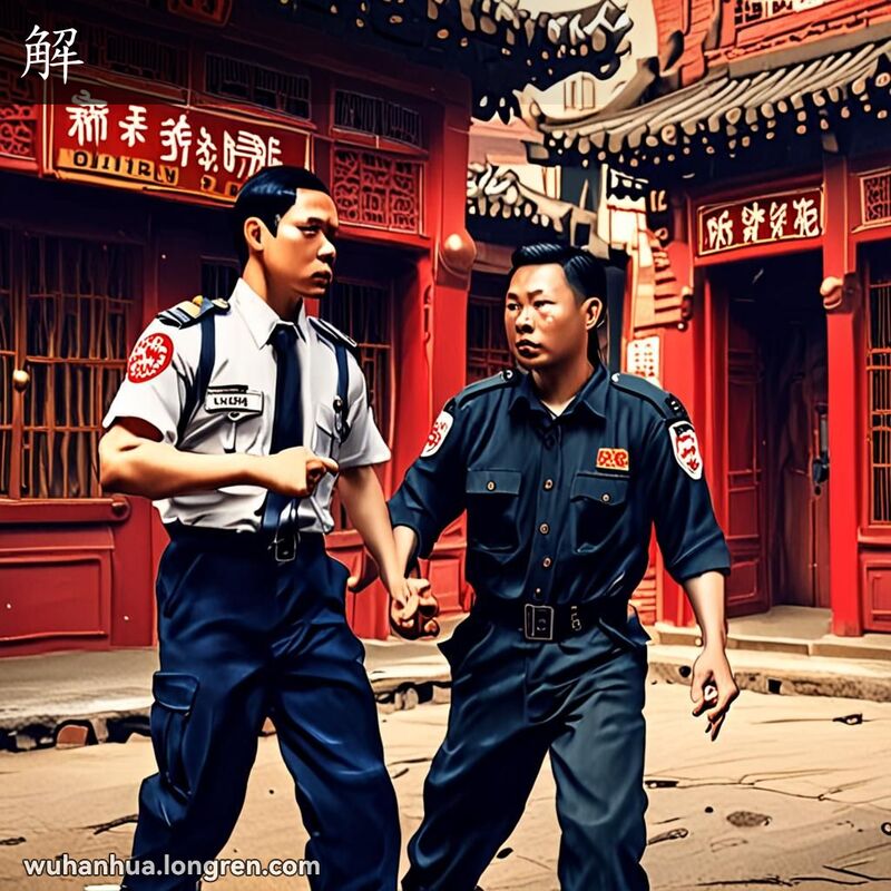 一位武汉警察押送手铐嫌疑人离开建筑，背景是武汉老街景