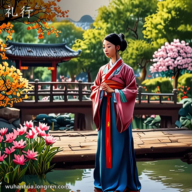 一位年轻人身穿传统中国服饰，双手合十，微微鞠躬，脸上带着温和有礼的微笑，背景是宁静的中国园林。