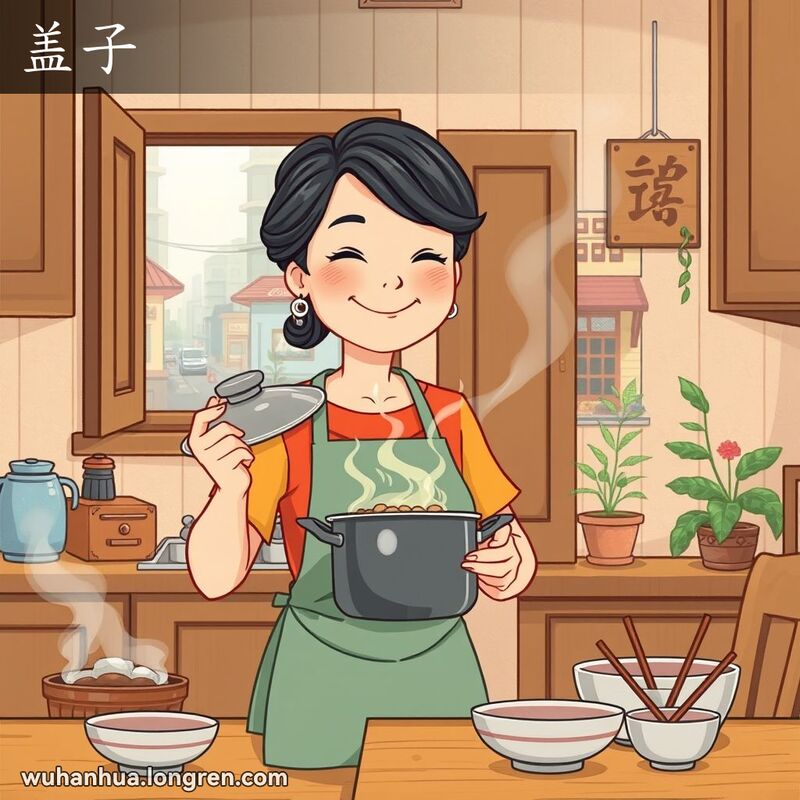 一位中年妇女在厨房中手持锅和锅盖，背景是温馨的家庭场景
