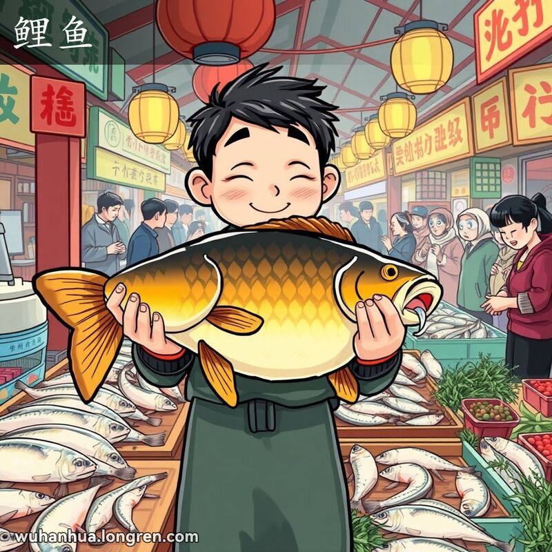 武汉市场鱼摊，鱼贩手持新鲜鲤鱼，背景是热闹的市场场景