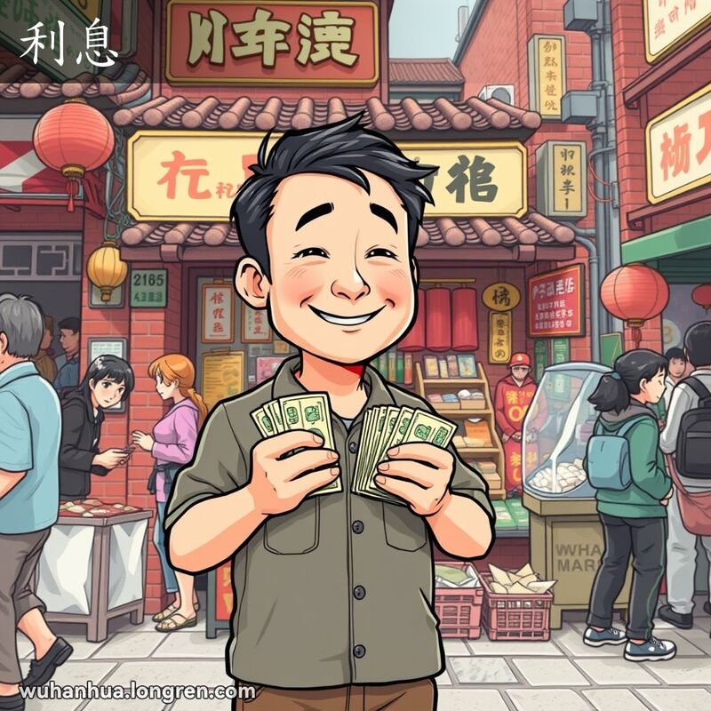 一位中年男子站在武汉街头小店前，手持钞票微笑，背景是繁忙的老街市场