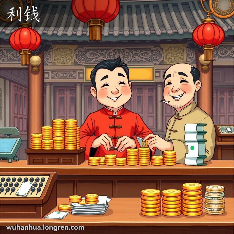 银行职员在传统中国银行柜台上数钱，背景是堆积的硬币和纸币，象征利息的积累。