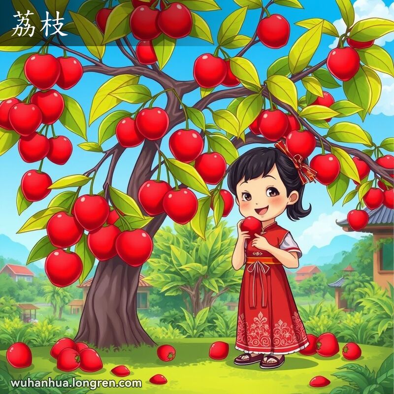 热带荔枝树下，小女孩手持荔枝，笑容满面，背景是晴朗蓝天和传统中国村庄