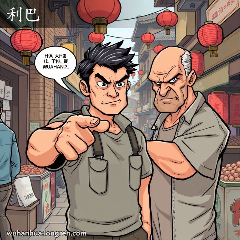 一位武汉男子在街市中指着一个冷酷难对付的人，表情严厉，背景是武汉老街景