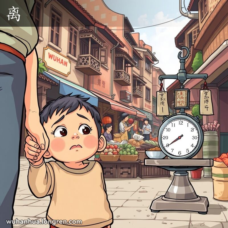 武汉街景中，小孩握着大人的手，摊贩用秤称重，表达“离”的含义