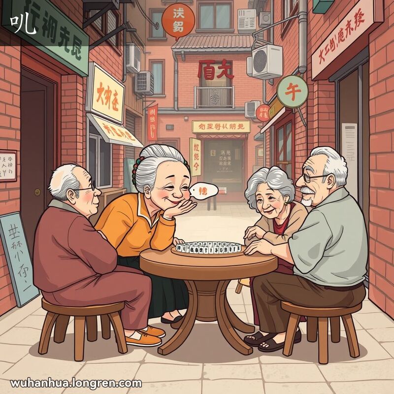 几位武汉老人在巷子里打麻将，一位老奶奶低声说话，背景是武汉老街景