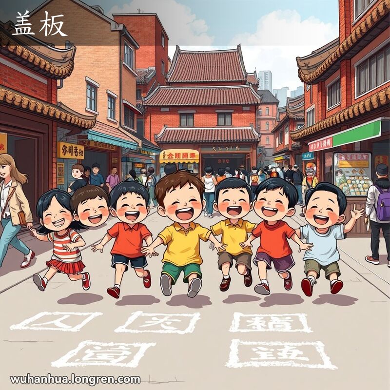 一群孩子在武汉街头玩“盖板”游戏，背景是武汉老街景