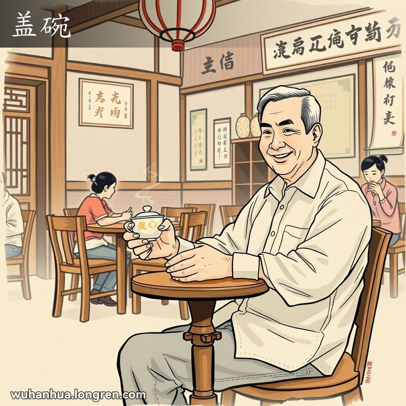 一位中年男子在武汉茶馆中手持带盖茶碗，背景有其他顾客和传统装饰