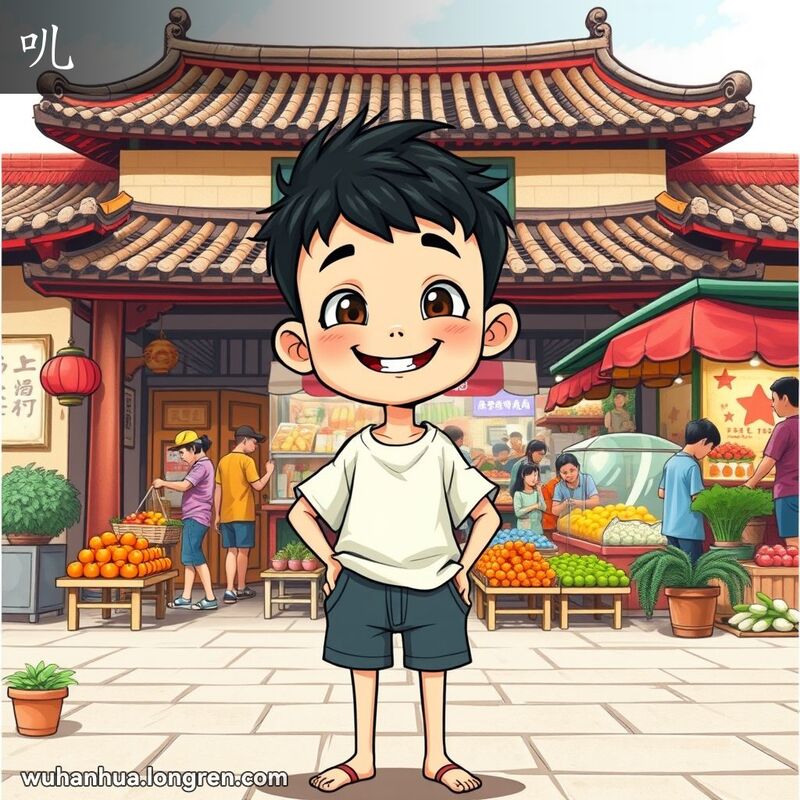 一位瘦削但精神饱满的武汉小男孩站在传统庭院前，背景是繁忙的街头市场